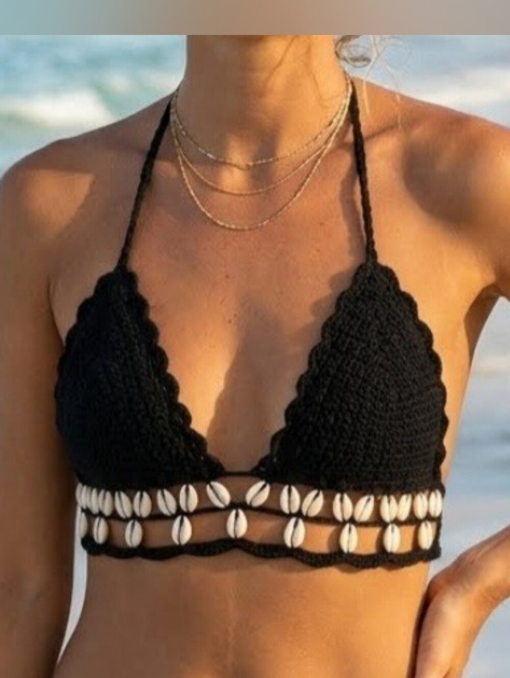 Reclaimed Vintage Black Crochet Bikini Top with Shells (ASOS) - Size XS